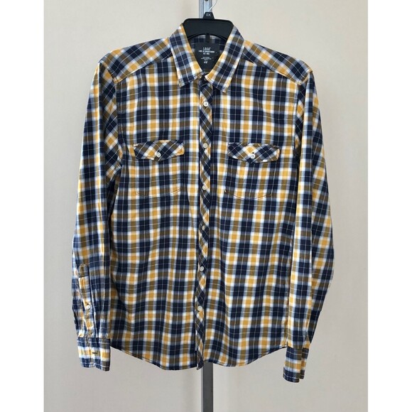 H&M T shirt men’s Size L Yellow/Blue/White Log Sleeves Collared Neck Button Down - Picture 2 of 5